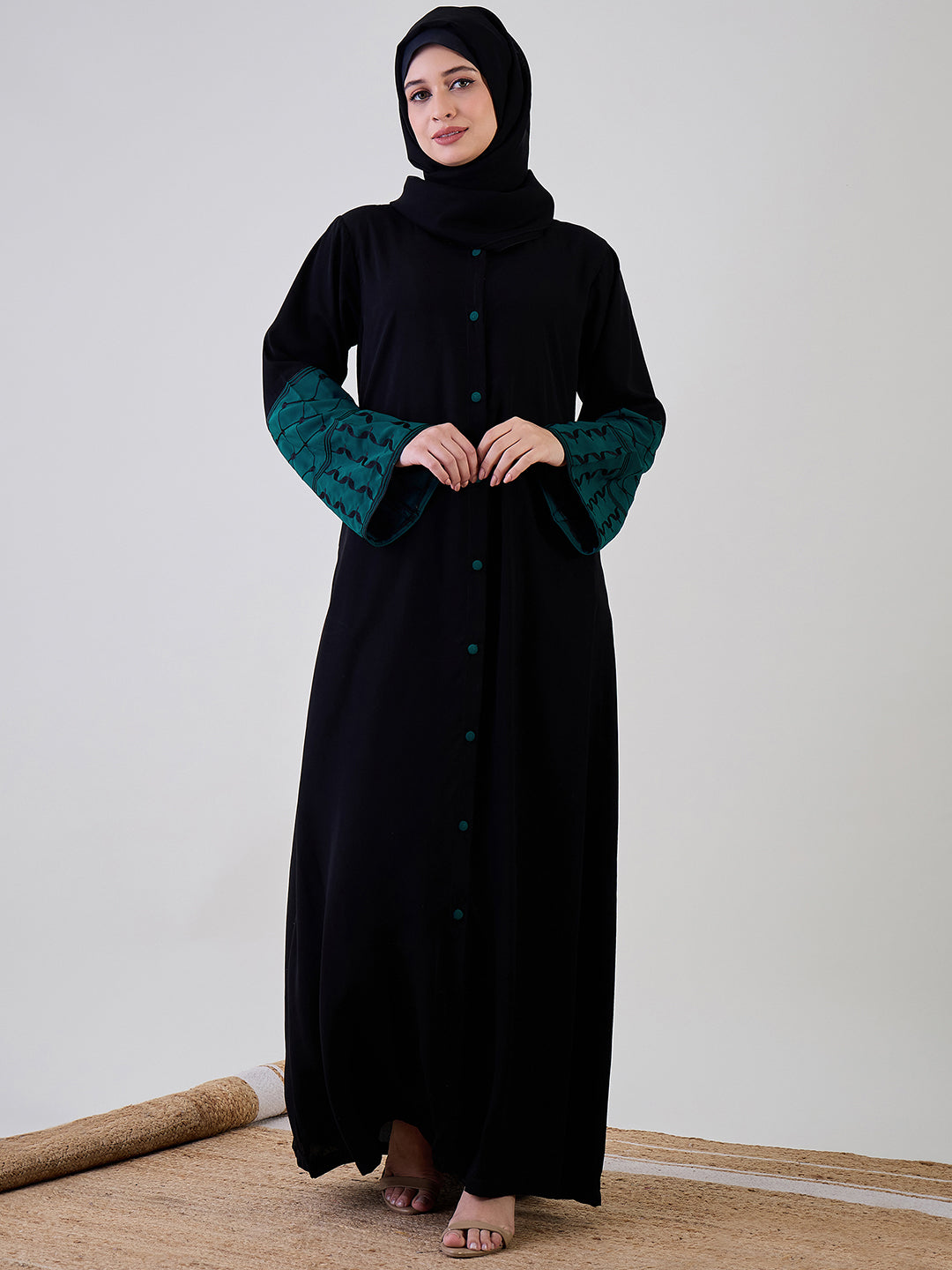 Nabia Kefiyyeh Embroidery Black Front Open Abaya with Black Georgette Hijab