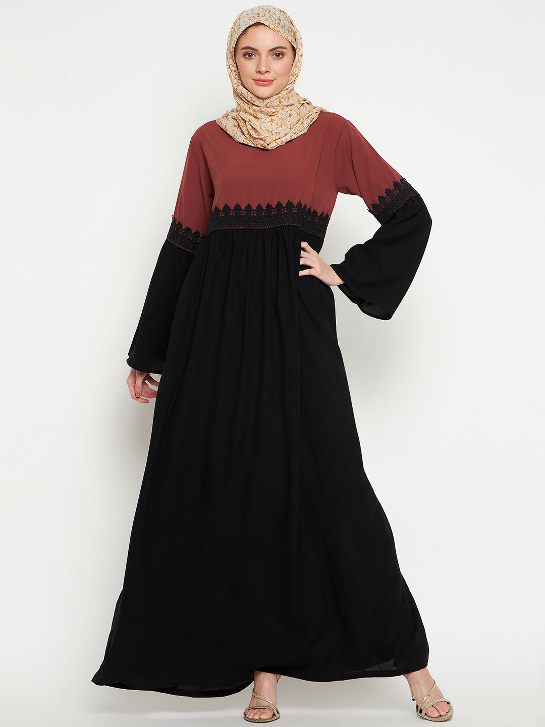 Nabia Lace Abaya Burqa -Black and Rust  with Black Georgette Scarf