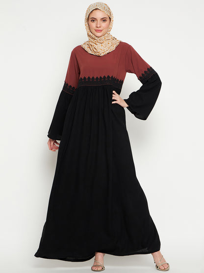 Nabia Lace Abaya Burqa -Black and Rust  with Black Georgette Scarf