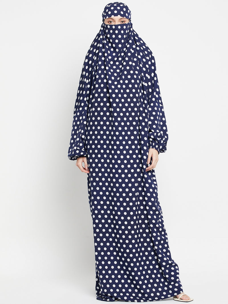 Nabia Blue and White Polka Dot Printed Free Size Jilbab Abaya for Girls and Women