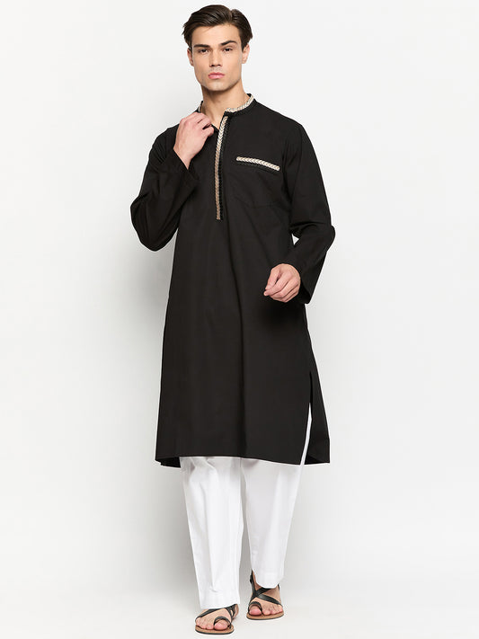 Black Solid Embroidery Details Men's Kurta