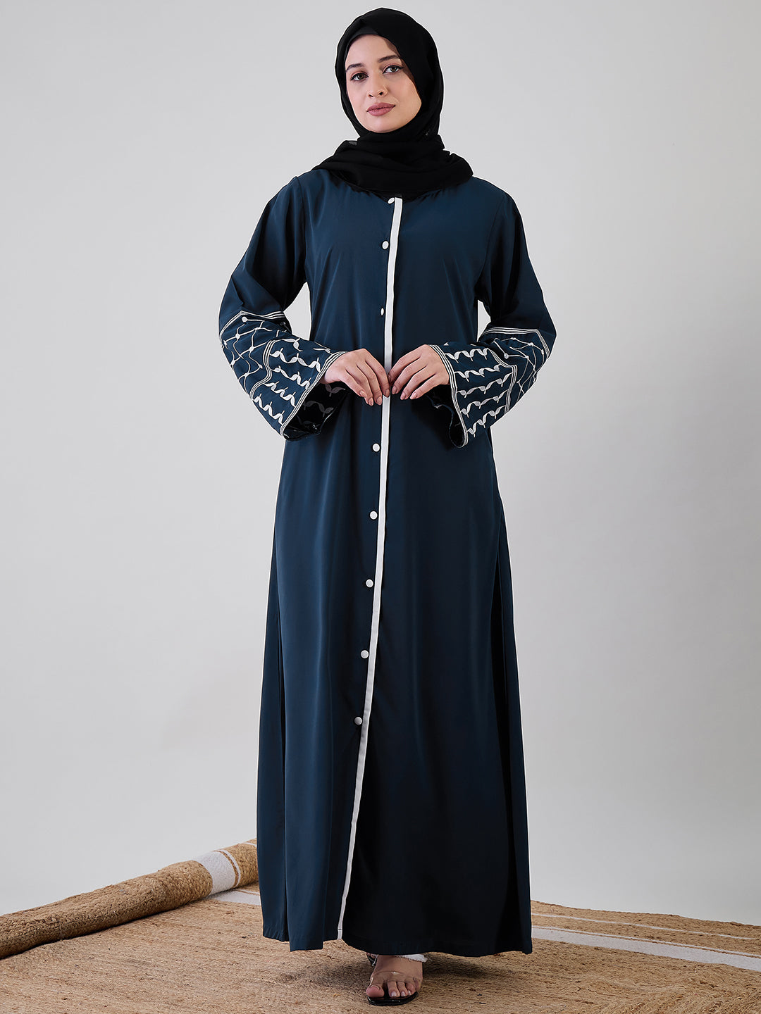 Nabia Front Open Kefiyyeh Embroidered with Black Georgette Hijab