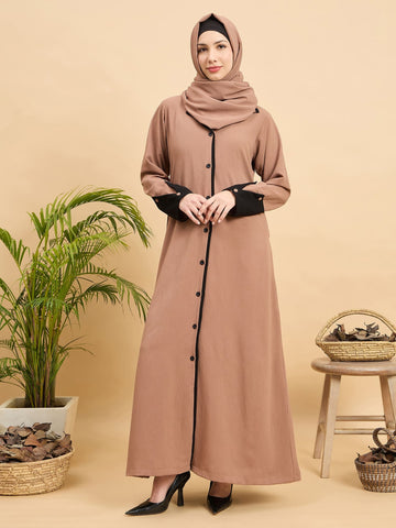 Modest Beige Front Open Coat Abaya with Matching Hijab