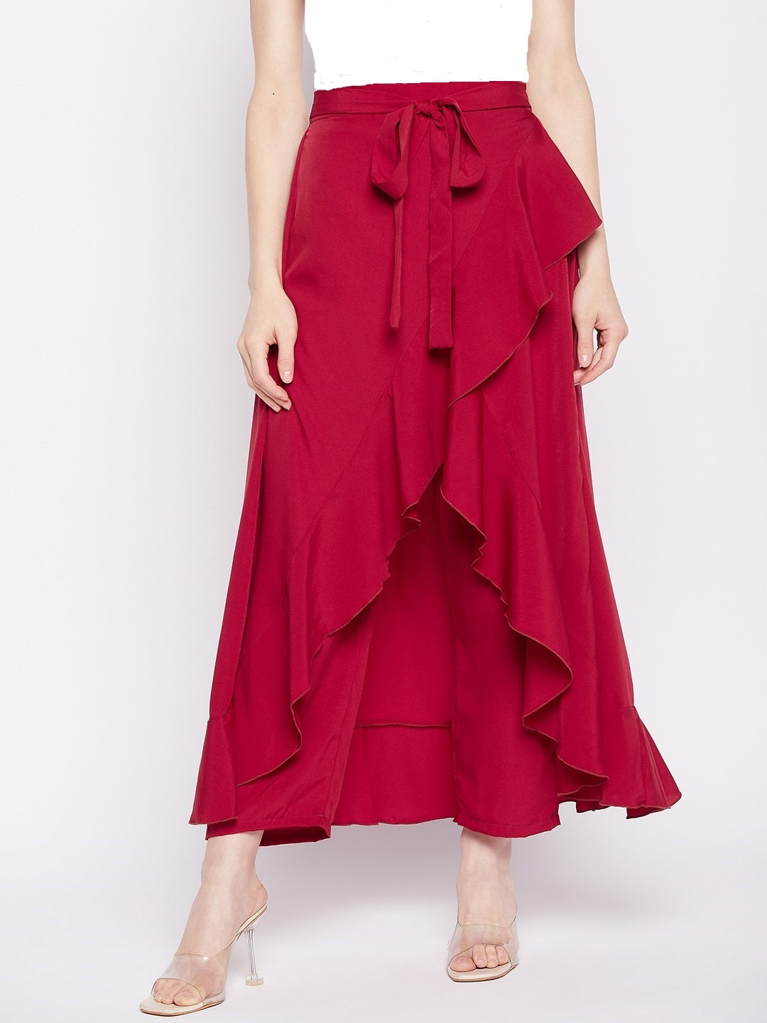 Nabia Red Solid Ruffled Flared Maxi Skirt With Attached Trousers