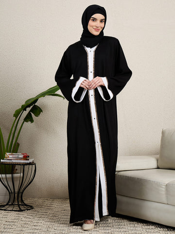 Black Front Open Embroidered Abaya for women with hijab