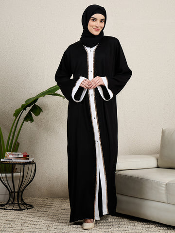 Black Front Open Embroidered Abaya for women with hijab