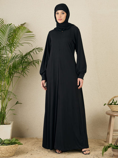Nabia Black Zip Abaya for women with black scarf