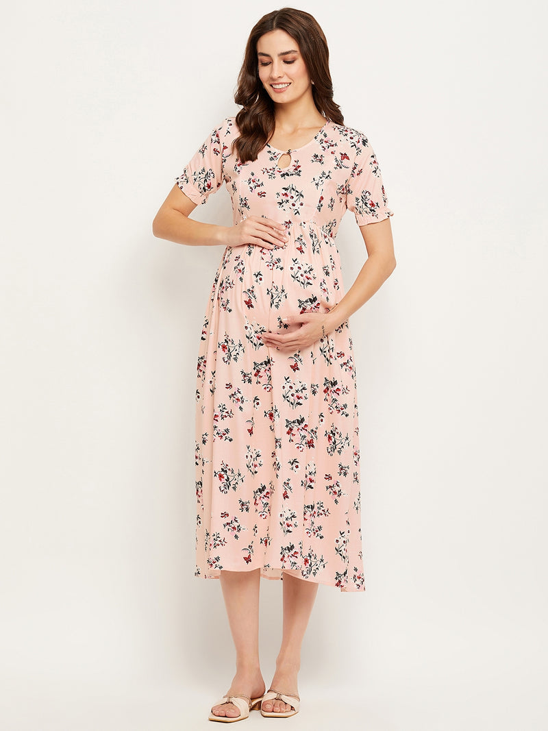 Nabia Women Pink Floral Printed Pre and Post Pregnancy / Maternity Dresses