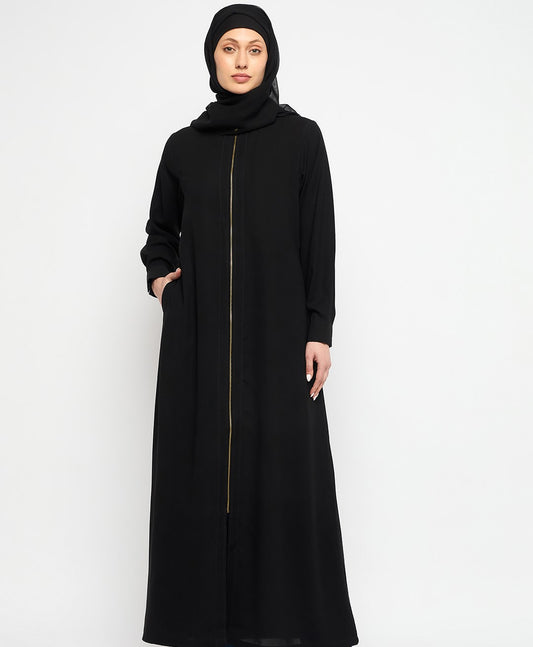 Nabia Front Open Zip-Closure Black Abaya Dress with Black Scarf