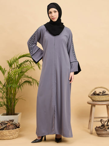 Modest Luxury Handworked Grey Abaya with Black Georgette Hijab