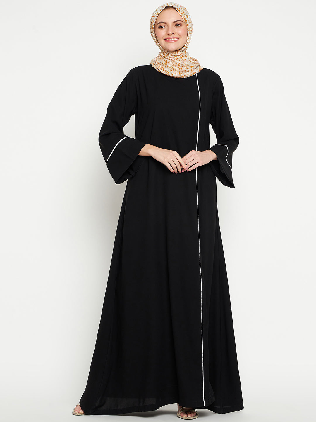 Nabia Women Black Side Open Aline Abaya Burqa for women Georgette Scarf