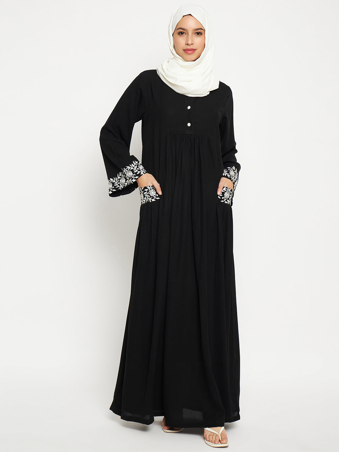 Nabia Embroidery Black Abaya with Black Scarf