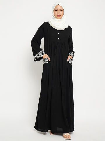 Nabia Embroidery Work Solid Black Abaya Burqa For Women With Black Scarf