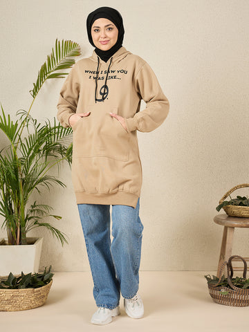 Wow Modest Beige Fleece Winter Hoodie for Women