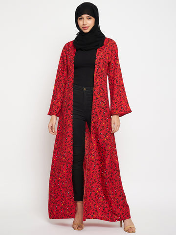 Nabia Women Red Floral Printed Front Open Shrug With Black Scarf