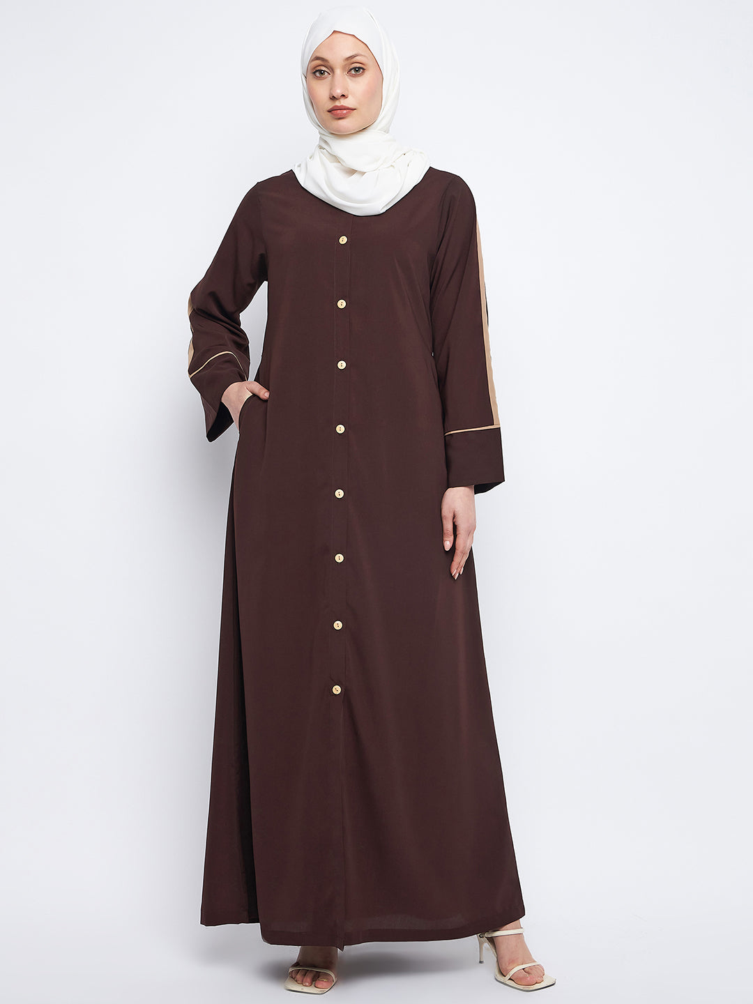 Front Open Brown Abaya with Black Scarf