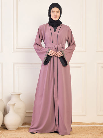 Nabia Pink and Olive Black Solid Luxury Handworked Abaya Burqa for Women with Black Hijab