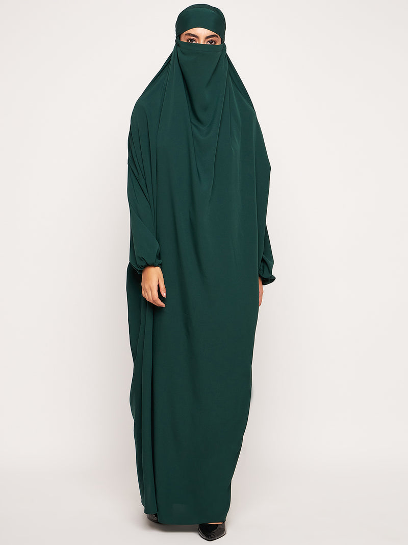 Nabia Bottle Green Solid Free Size Adjustable Nosepiece Jilbab Abaya for Girls and Women