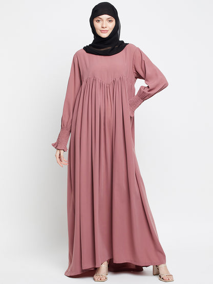 Fuce Pink Solid A-line Abaya with Black Georgette Scarf