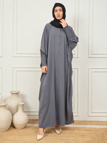Nabia Grey Free Size Kaftan Abaya With Black Georgette Scarf