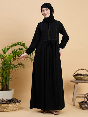 Black Solid Zip Abaya Burqa with Black Georgette Hijab