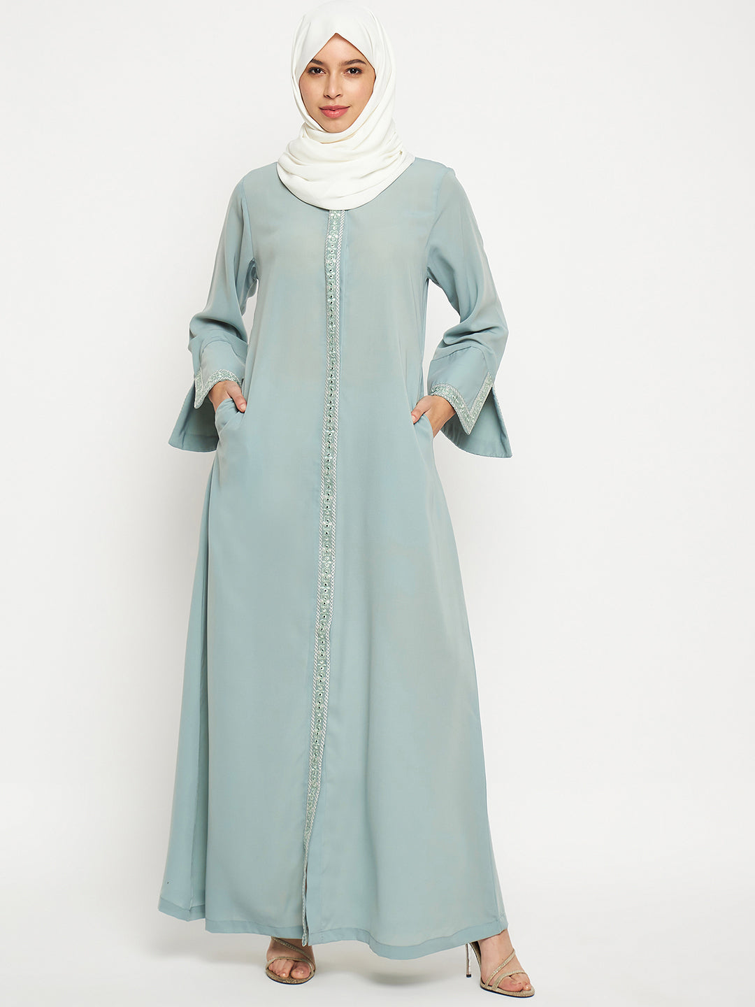 Nabia Embroidery Work Front Open Abaya with Black Scarf