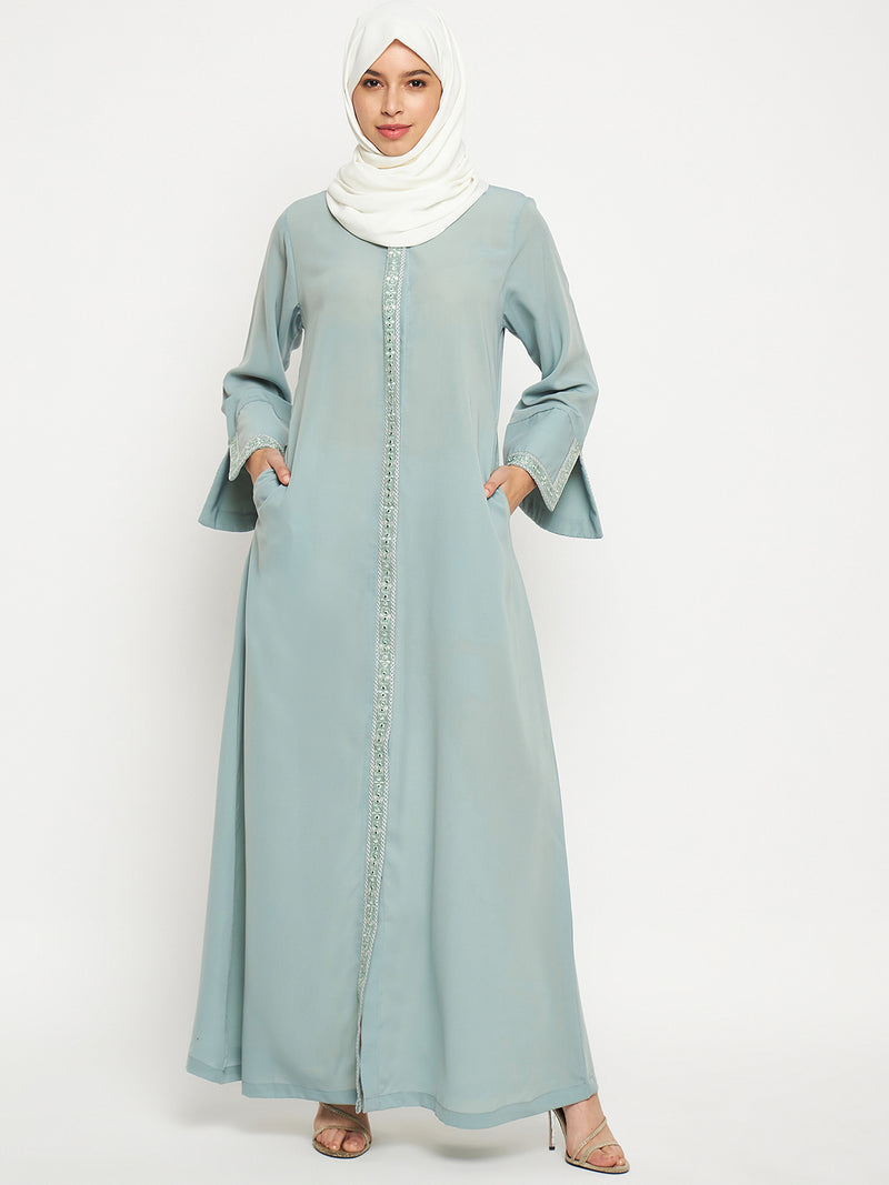 Nabia Embroidery Work Solid Sea Green Abaya Burqa For Women With Black Scarf