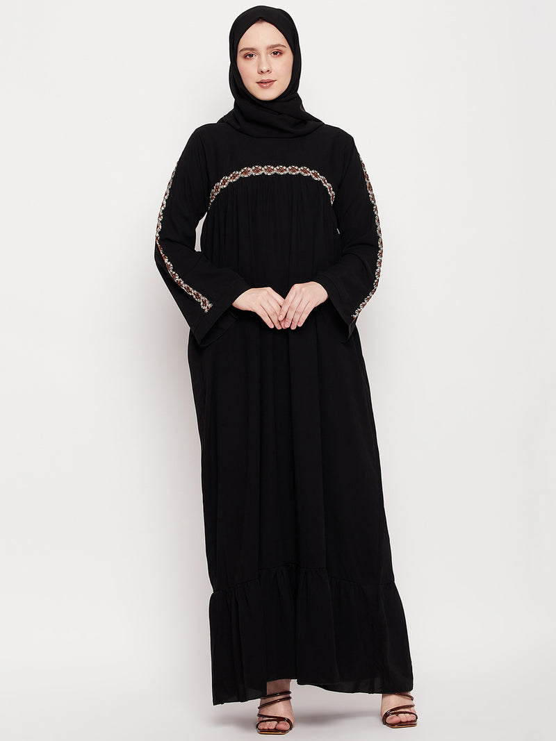 Nabia Women Black Solid Abaya Burqa With Black Georgette Scarf