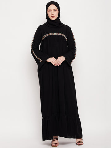 Nabia Women Black Solid Abaya Burqa With Black Georgette Scarf