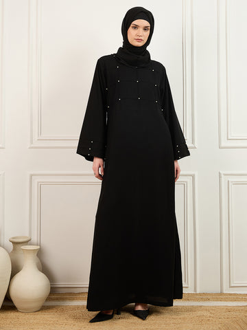 Nabia's Pearl design black Solid abaya burqa with Matching Georgette Hijab