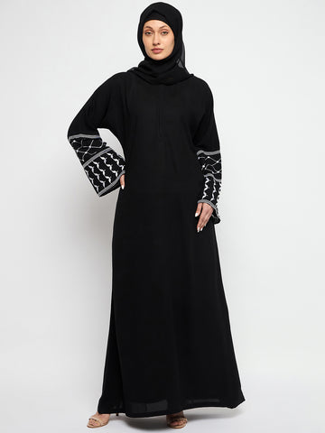 Nabia Kefiyyeh Embroidery Front Zip Closure Black Abaya Burqa With Black Scarf