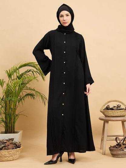 Black Solid Modest Front Open Abaya Burqa with Black Georgette Hijab