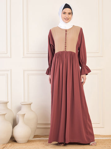Nabia Rust and Beige Two Color Abaya Burqa With White Georgette Hijab