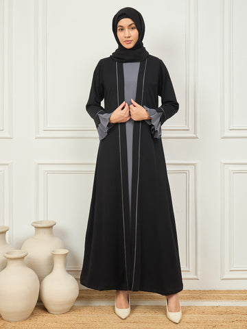 2 Piece Black and Grey Piping Detailing Shrug Set Abaya with Black Hijab for Women