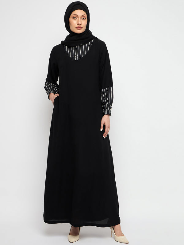 Black Nida Matte A_line Shirt Collar Abaya With Black Georgette Scarf