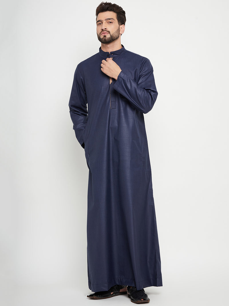 Nabia Blue Solid Mens Band Collar Thobe / Jubba with Beige Piping Design