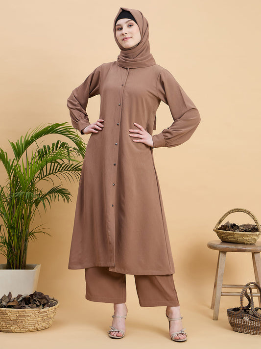 Rust Front Open Co-ord Set for Women with Matching Hijab