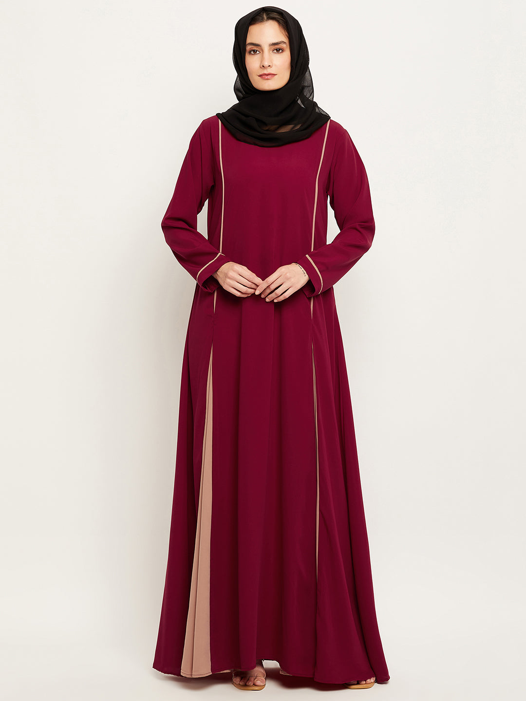 Nabia Women Solid Maroon and Beige Abaya Burqa with Georgette Scarf