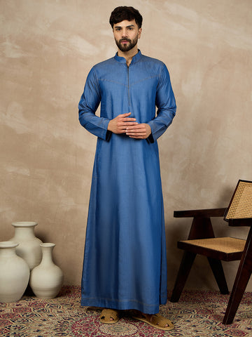Nabia Blue Solid Zip Closure Denim Jubba / Thobe For Men