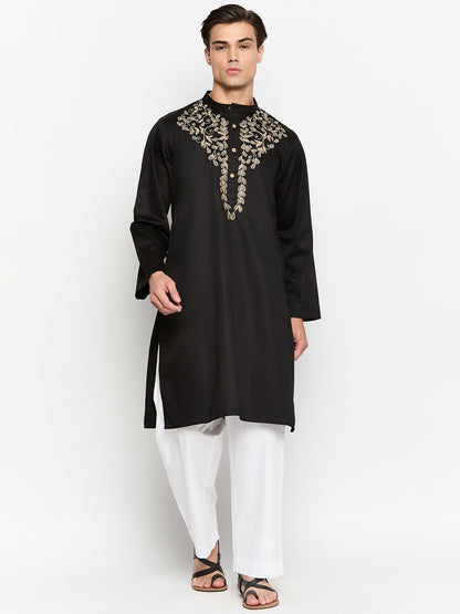 Black Men's Kurta Pajama Set with Embroidery Details