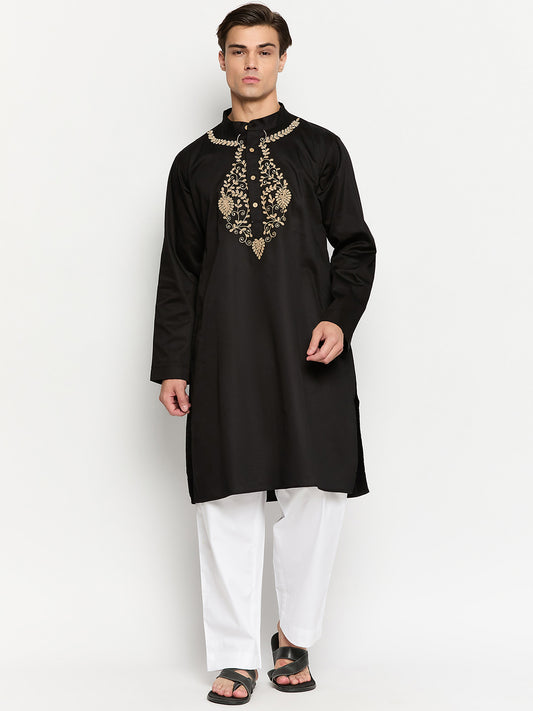 Embroidery Details Solid Long Sleeves Black Kurta for Men