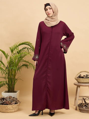 Modest Handworked Luxury Maroon Abaya Burqa with Beige Hijab