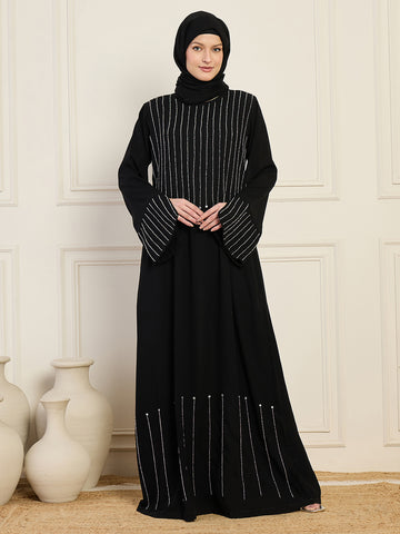 Nabia Black Solid Hand Work Detailing Luxury Abaya Burqa For Women With Black Hijab