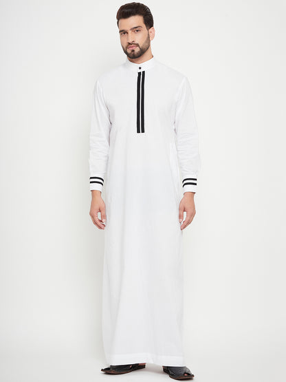 Nabia White Thobe/Jubba For Men with Black Piping Design