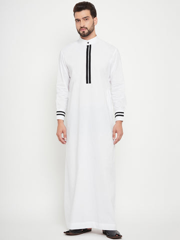 Nabia White Solid Band Collar Thobe / Jubba For Men with Black Piping Design