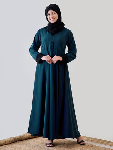 Nabia Women Teal Solid Coat Type Abaya Burqa With Black Georgette Hijab