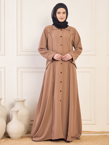 Nabia Rust Solid Front Open Coat Abaya Burqa For Women With Black Georgette Hijab