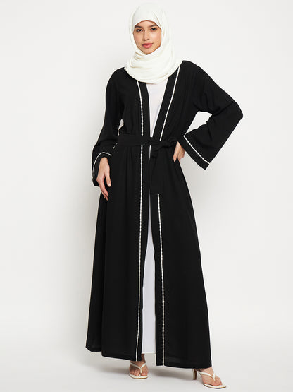 2 Piece Front Open Solid Lace Shrug Set Abaya with Black Georgette Scarf