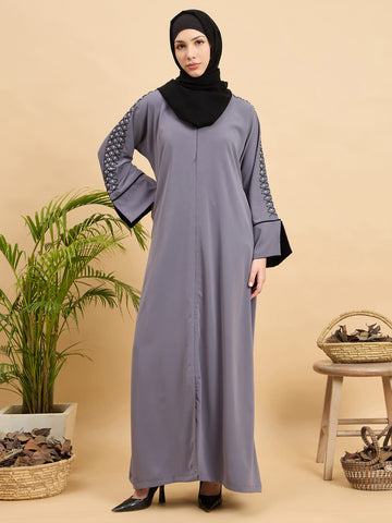 Modest Luxury Handworked Grey Abaya with Black Georgette Hijab