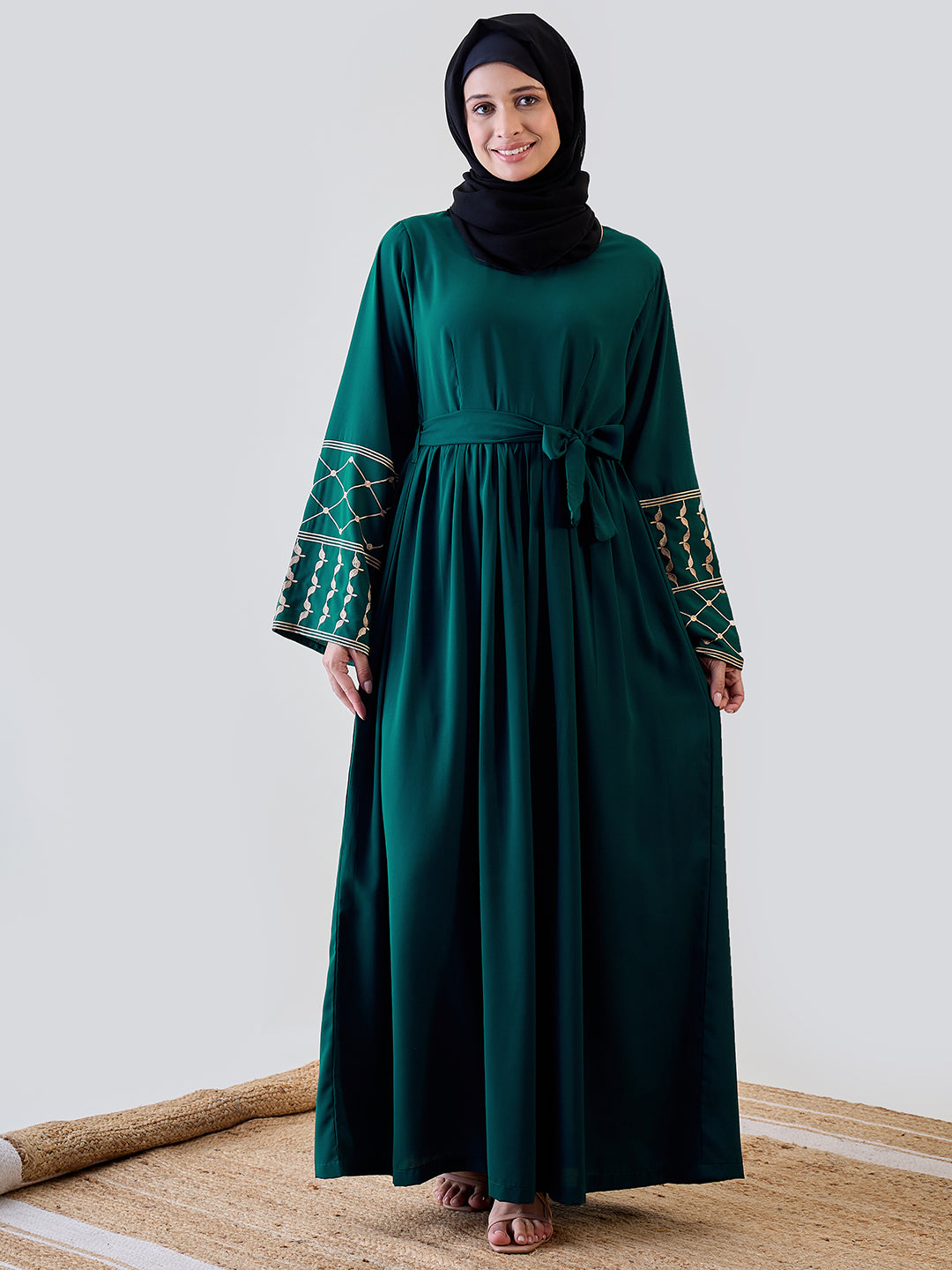 Nabia Kefiyyeh Embroidery Green Abaya with Black Georgette Hijab Nabia Kefiyyeh Embroidery Green Abaya with Black Georgette Hijab
